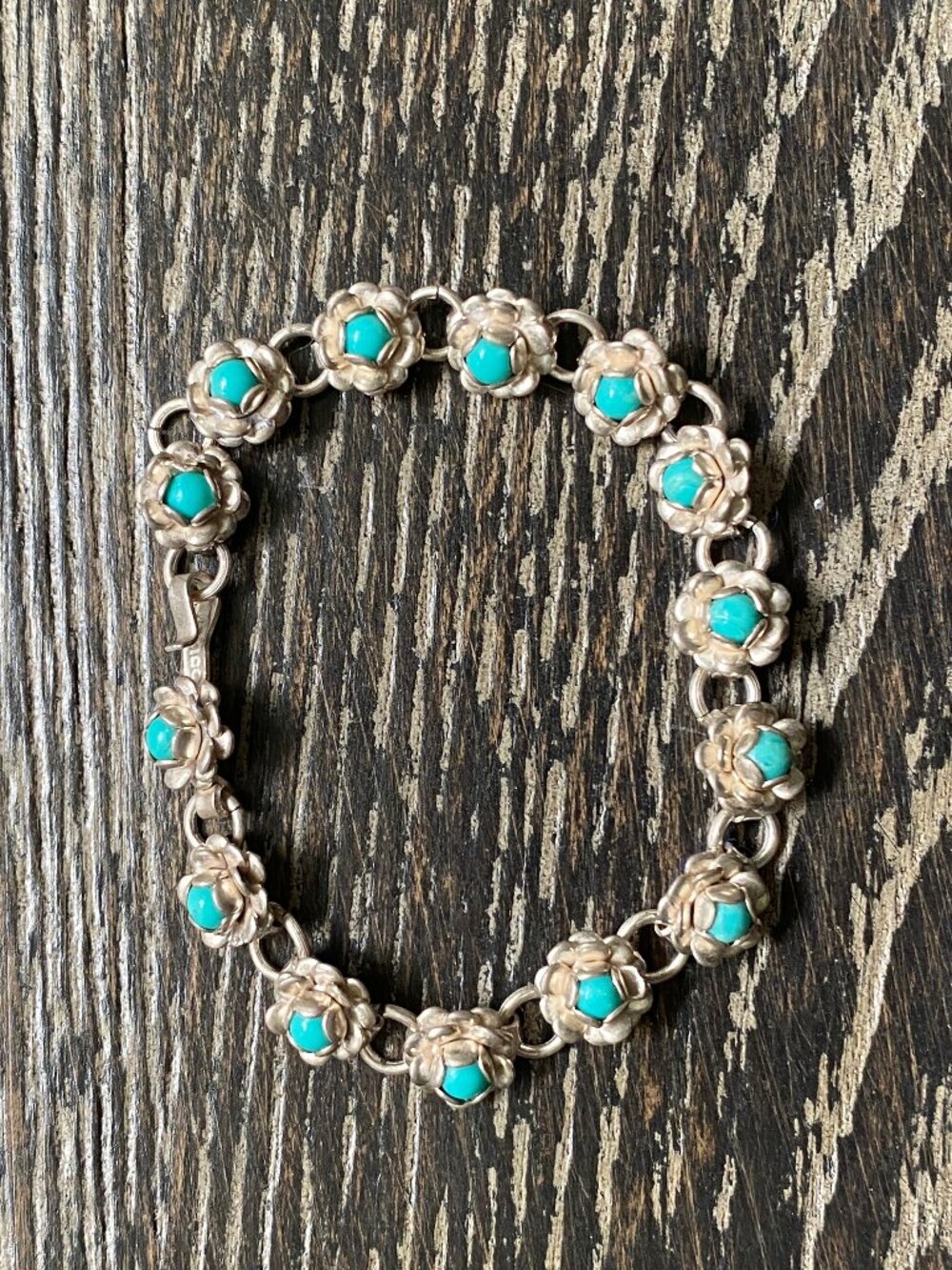 5.5” Vintage Mexican Sterling Silver Turquoise Bead Floral Flower Link Bracelet
